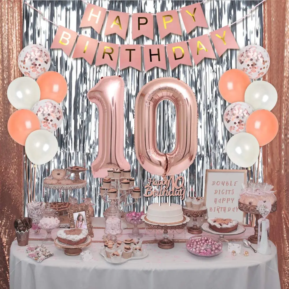 Conjunto de bandas y globos para decoraci&oacute;n de fiestas de cumplea&ntilde;os, pancarta para tarta de feliz 10 cumplea&ntilde;os, de doble d&iacute;gitos, oro rosa, para ni&ntilde;a-0