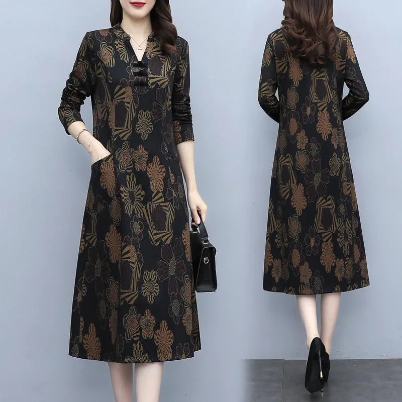 

Женское платье макси с цветочным принтом, длинным рукавом и V-образным вырезом