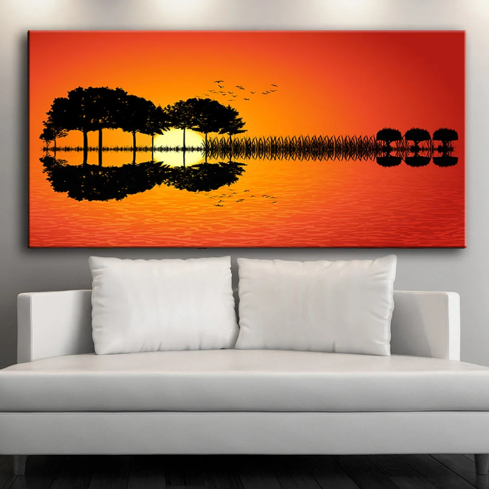 

Nordic Abstract Lake Trees Birds Guitar Shape Landscape Art Print Posters Canvas Painting Gold Sun Wall Picture For Living Room