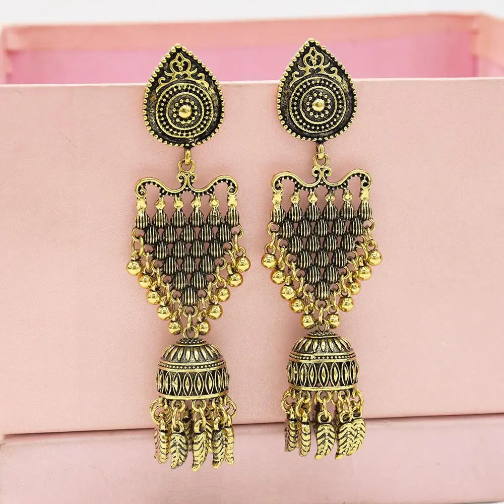 Популярные индийские серьги Jhumka золотые женские с большими бусинами треугольные