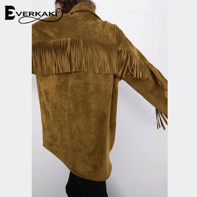 Everkaki/замшевая богемная куртка с кисточками пальто для женщин сезон осень Длинные