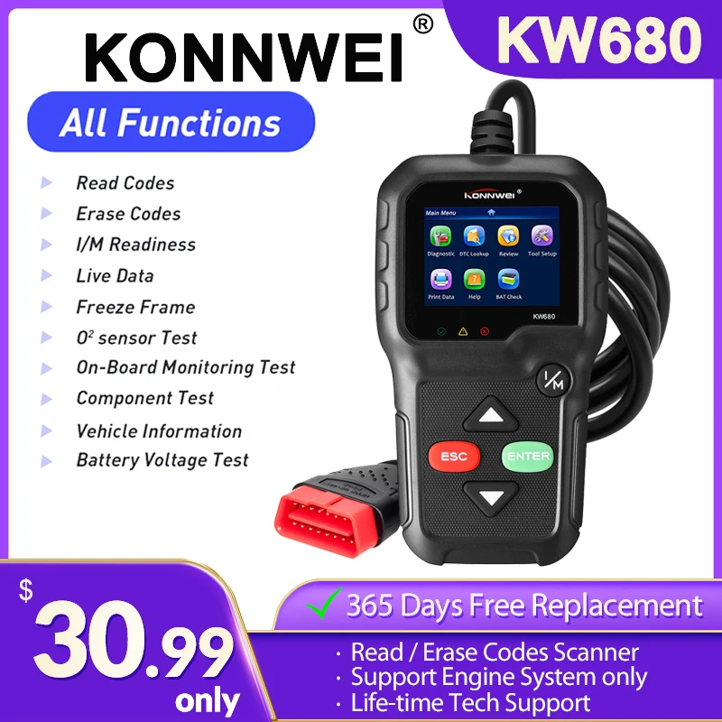 

Konnwei KW680 Code Reader Scanner Tools VIN TPMS ABS SRS Full Obd2 Function KW 680 Russian Car Diagnostic Tool pk AD310 OM123