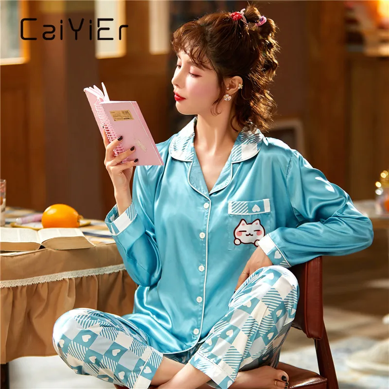 CAIYIER New Pink Cute Cat Back Print Women Silk Pajamas Set Winter Fashion Girl Nightwear Long Sleeve Large Size Sleepwear M-5XL