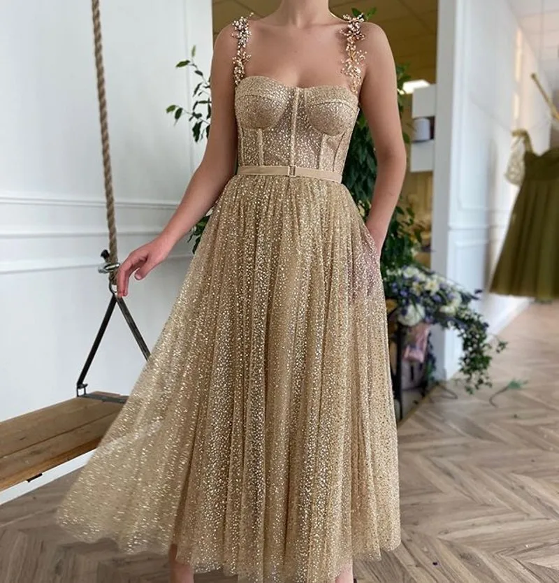 

Verngo Glittery Gold Dotted Tulle Short Prom Dresses With Pockets Shiny Straps Boning A Line Tea Length Graguation Party Dress