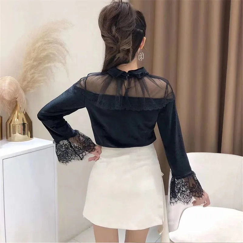 Весенне-осенняя Женская Вельветовая блузка с длинным рукавом и бантом кружевная