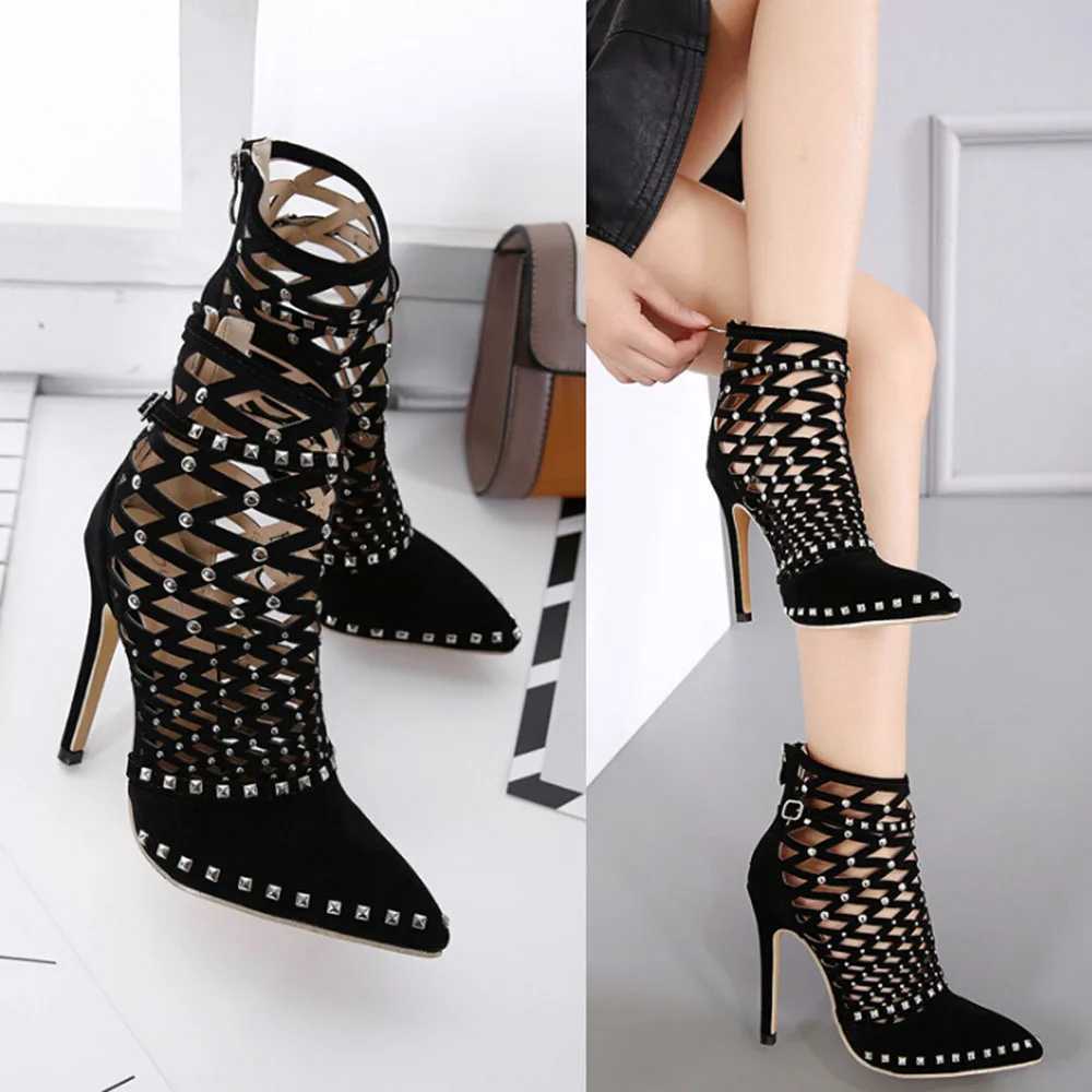 Женские ботильоны на высоком каблуке с острым носком и заклепками | Обувь