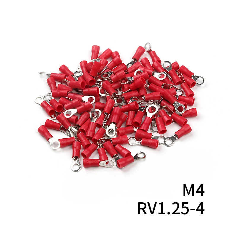 Фото RV1.25 кольцевой изолированный соединитель провода 100 шт. Красный 12-10 AWG обжимные клеммы для электрического кабеля комплект для 0,25-1.65 мм2 №3