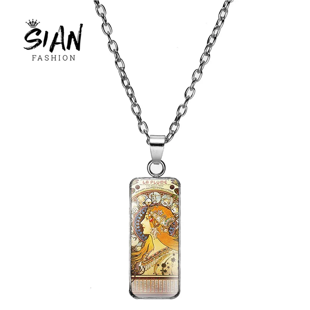 

SIAN Vintage Alphonse Mucha Rectangular Pendant Necklaces Victorian Art Photo Glass Cabochon Necklace For Women Gift Accessories