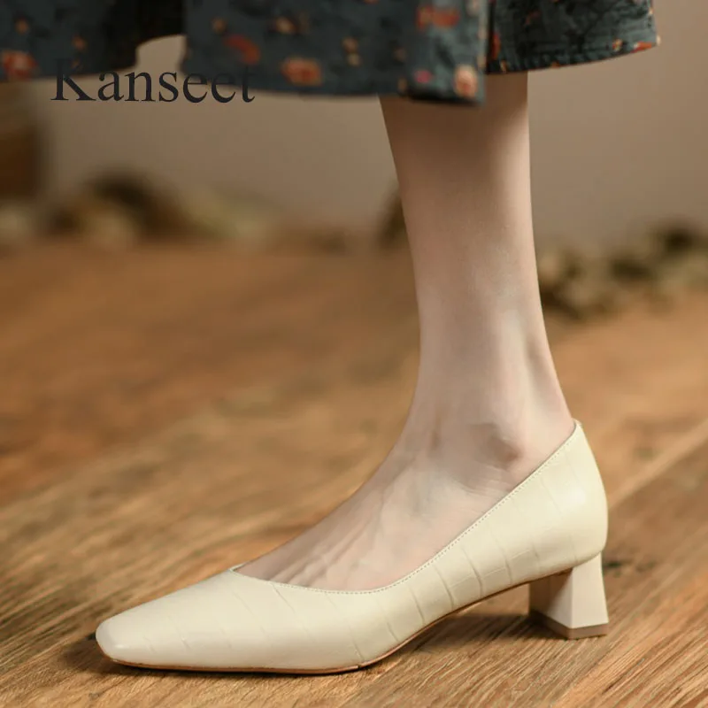 

Kanseet Women's Pumps 2022 Spring New Square Toe Concise Genuine Leather Elegant Handmade Shallow Mid Heels Female Shoes Green