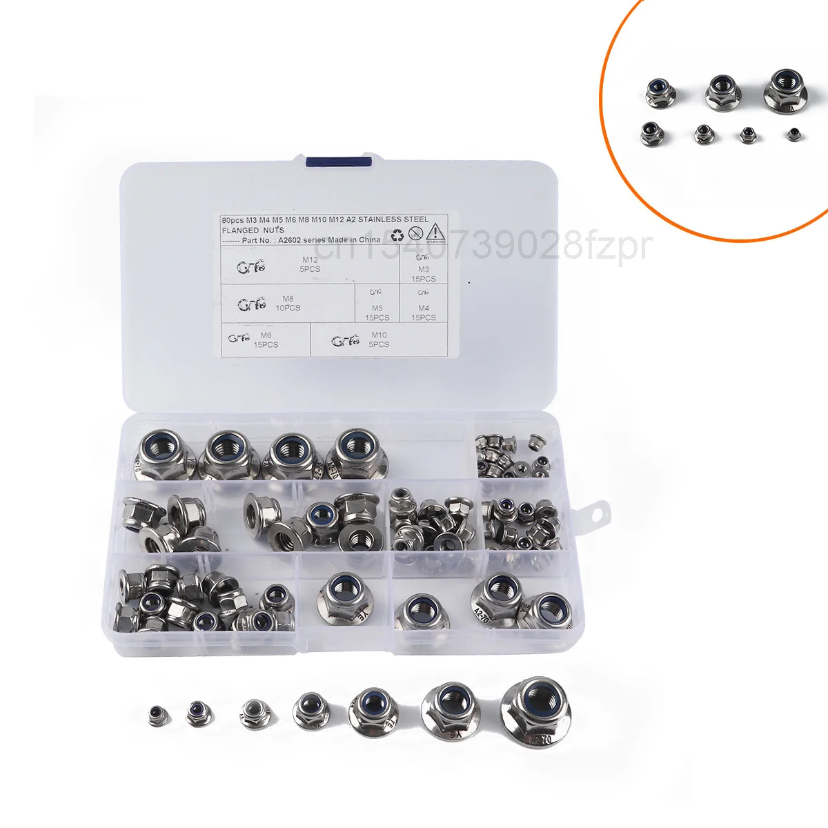 

80 шестигранные фланцевые нейлоновые гайки в коробке, белый цинк с противоскользящей гайкой