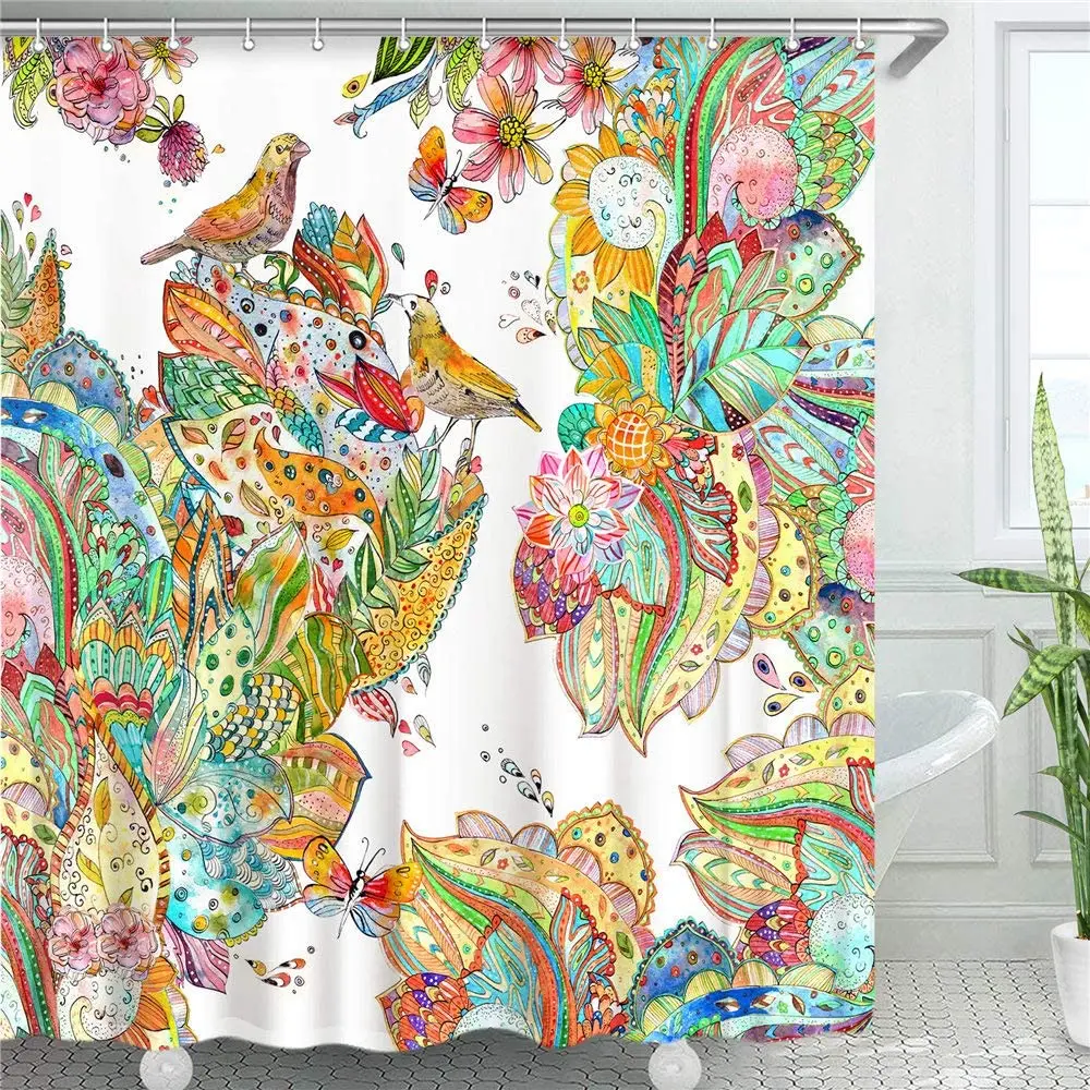 

Colorful Flower Birds Shower Curtains Set with 12 Hooks, Durable Fabric Bath Curtain Home Decoration Bathroom Accessories