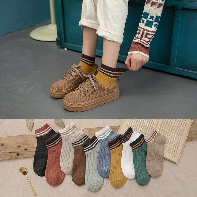 

5 Pairs of Socks Spring and Summer New Products Classic Two Bars Hit Color Striped Boat Socks Women Pure Cotton Women Socks
