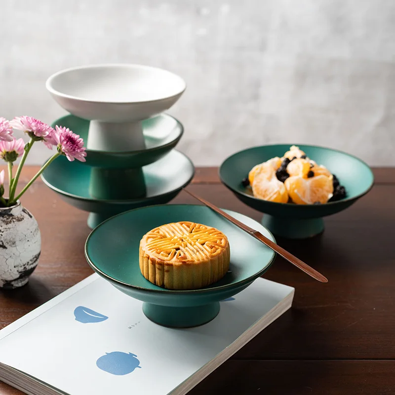 

Retro Dim Sum Plate Snack Nut Plate Ceramic High-foot Refreshment Plate Chinese Fruit Plate Zen Pastry Plate Japanese Style