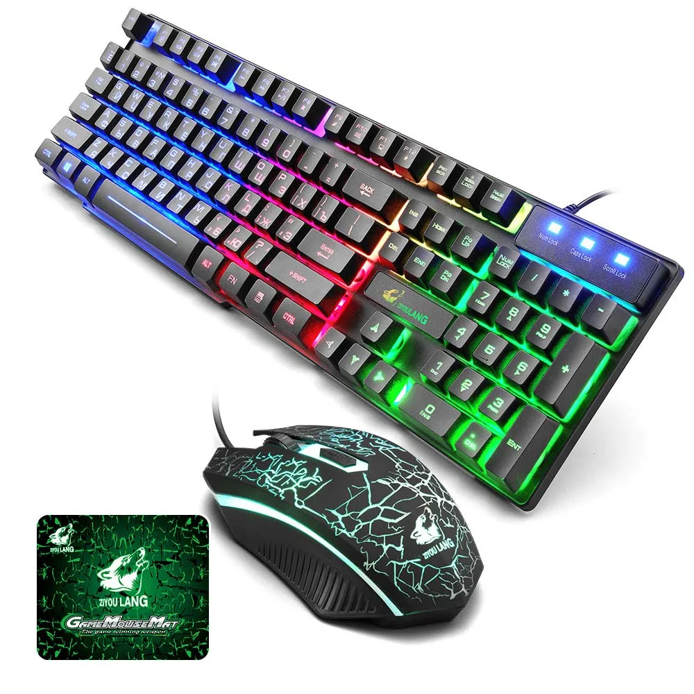 T5 английская+ русская игровая клавиатура и мышь комбинированная подсветка Водонепроницаемая светящаяся USB Проводная Механическая геймерская клавиатура+ коврик для мыши - Цвет: Black