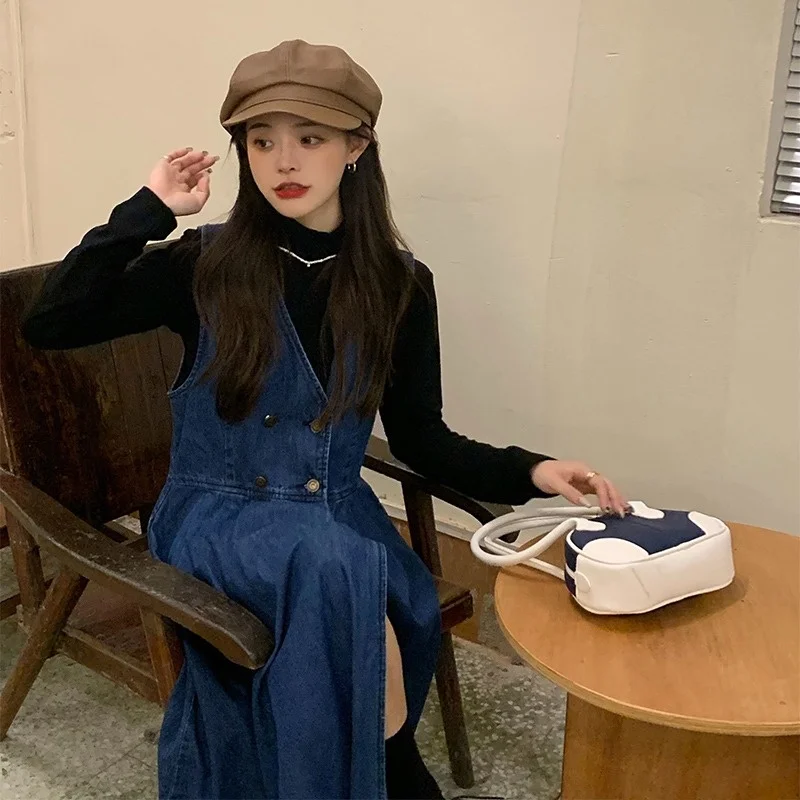 Женское джинсовое платье-майка свободного покроя на осень и зиму | Женская одежда