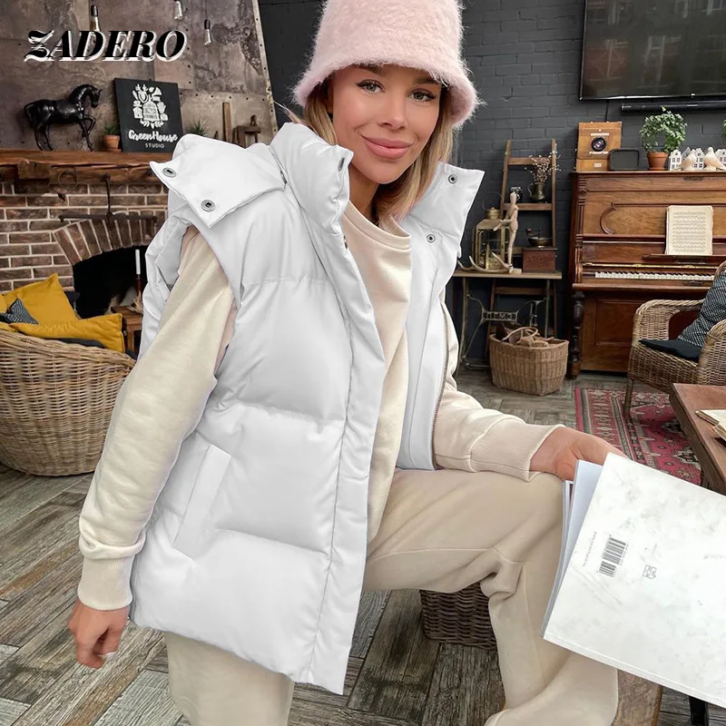 

Fashion Zip Up Hooded Puffer Jacket Sleeveless Vest Women 2021 Winter Bubble Coat Casual Solid Color Warm Clothing Streetwear