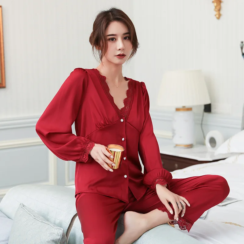 2021 Spring Autumn New Lace Edge V-Neck Long Sleeve Nightwear Housewear Suit Thin Shirt Women's Pajamas Sets Sexy Sleepwear