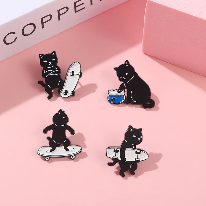 Cartoon Black And White Spotted Dog Brooches Skateboard Motion Dogs Enamel Pins Bag Lapel Badge Fashion Jewelry Gift for Kids | Украшения и