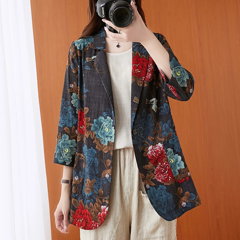 

Fashion Print Blazers Coats Women 2023 New Slim Suit Coats Vintage Cotton And Linen Blazers Jackets Womens Clothing Casual Coats