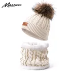 Набор из шапки и шарфа с помпоном из натурального меха, зимние детские однотонные вязаные теплые шапочки, уличная шапочка, шапки, шарф с кольцом, комплект из 2 предметов