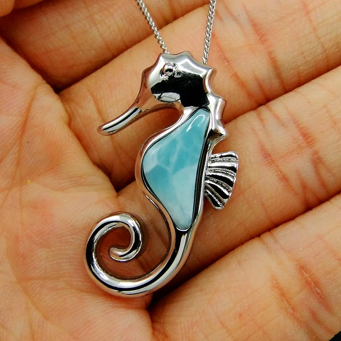 

100% 925 Sterling Silver Natural Dominica Larimar hippopotamus Pendant Necklace For Women Man Party Gift