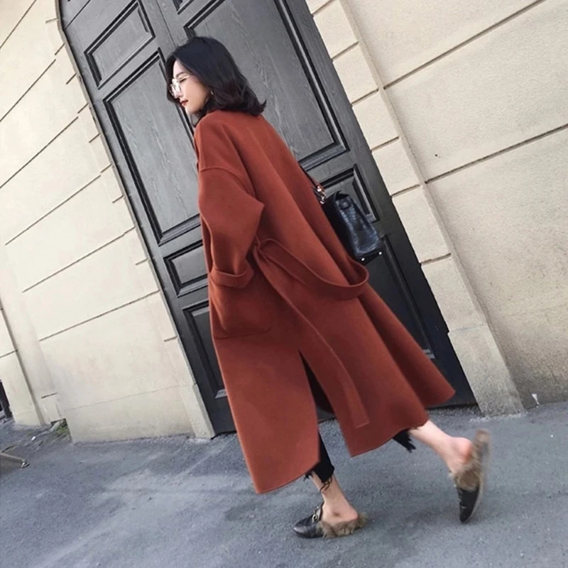 

Green Tweed Elegant Woolen Coat Women Cardigan Pocket Thicken Autumn Winter Female Blend Coats Female Sashes Belt Long Overcoats