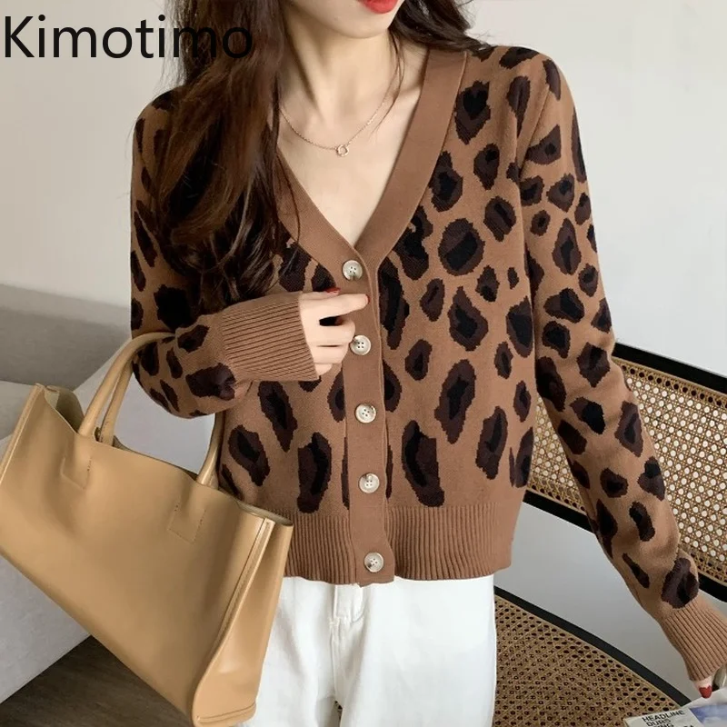 

Кардиган Kimotimo Женский трикотажный с леопардовым принтом, контрастный Свободный Топ с V-образным вырезом и длинным рукавом, в Корейском стил...