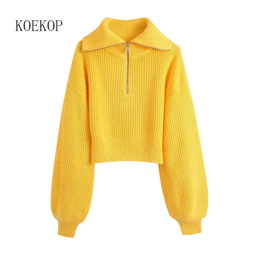 

Женский трикотажный свитер с длинным рукавом и высоким воротником на молнии