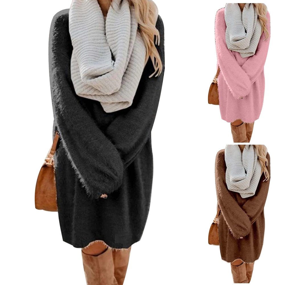 

Daily Crew Neck High Waist Warm Solid Autumn Winter Long Sleeve Fashion Pullover Loose Gift Party Night Casual Women Plush Dress