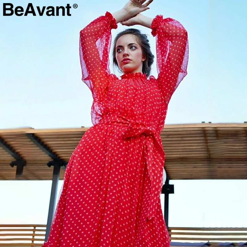 BeAvant, красное платье в горошек, Осень-зима, женское, элегантное, с рукавом-фонариком, длинное, для вечеринок, с рюшами, с круглым вырезом, черное, для девушек, vestidos