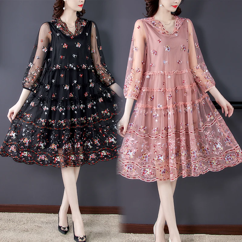 Женское винтавечерние ное платье-миди красное Сетчатое платье с цветочной