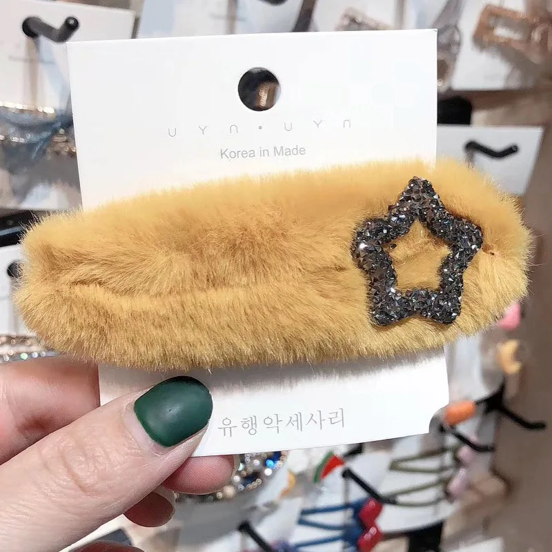 

Korean Style Plush Hairpin Female Winter Lovely Pentagonal Star Rhinestone Accessories 4 Color Handmade Unique Hairpins headwear