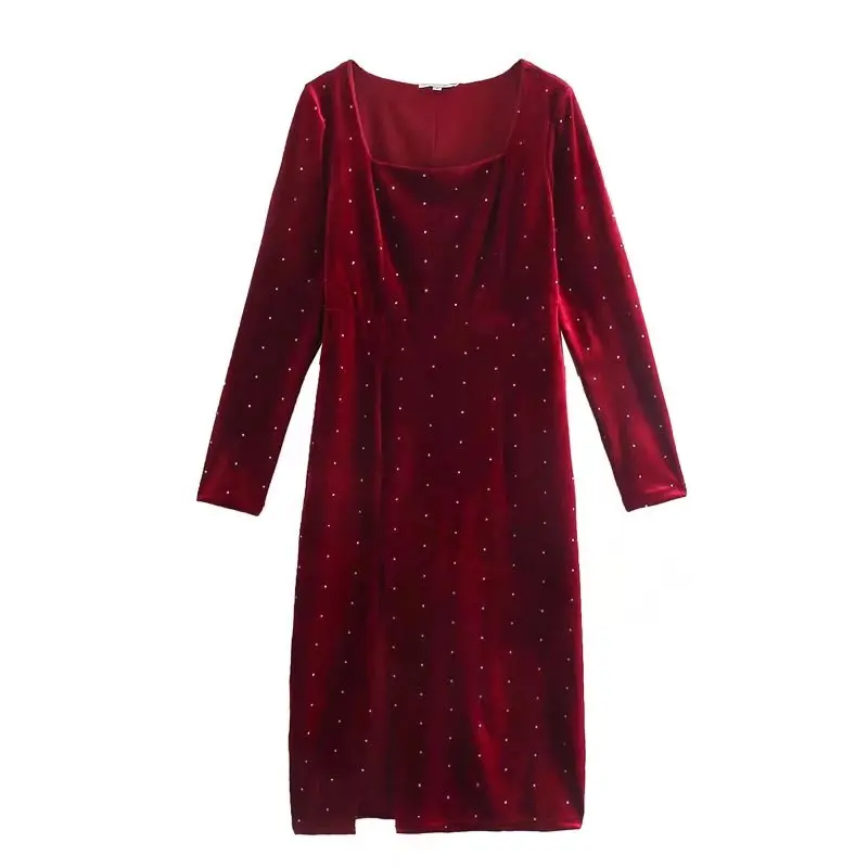 

TRAF Women 2022 Fashion Velvet Side Zipper Slit Hem Midi Dress Vintage Long Sleeves Square Collar Female Dresses Vestidos