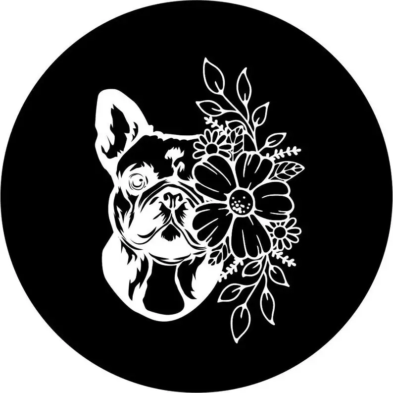 

French Bulldog with Flowers (any color) Spare Tire Cover for any Vehicle, Make, Model, Size - Car, RV, Travel Trailer,