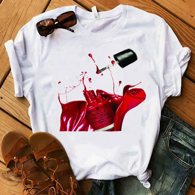 

Футболка женская в стиле Харадзюку, топ с коротким рукавом и принтом лака для ногтей, модная повседневная рубашка