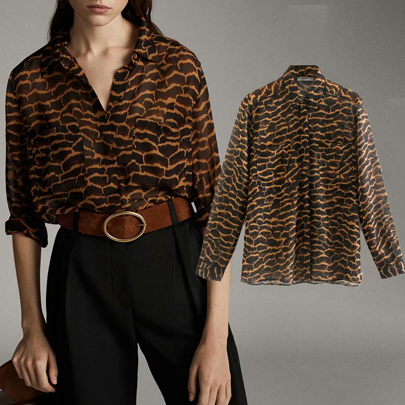 Za/леопардовая блузка с животным принтом для женщин отложной воротник длинный