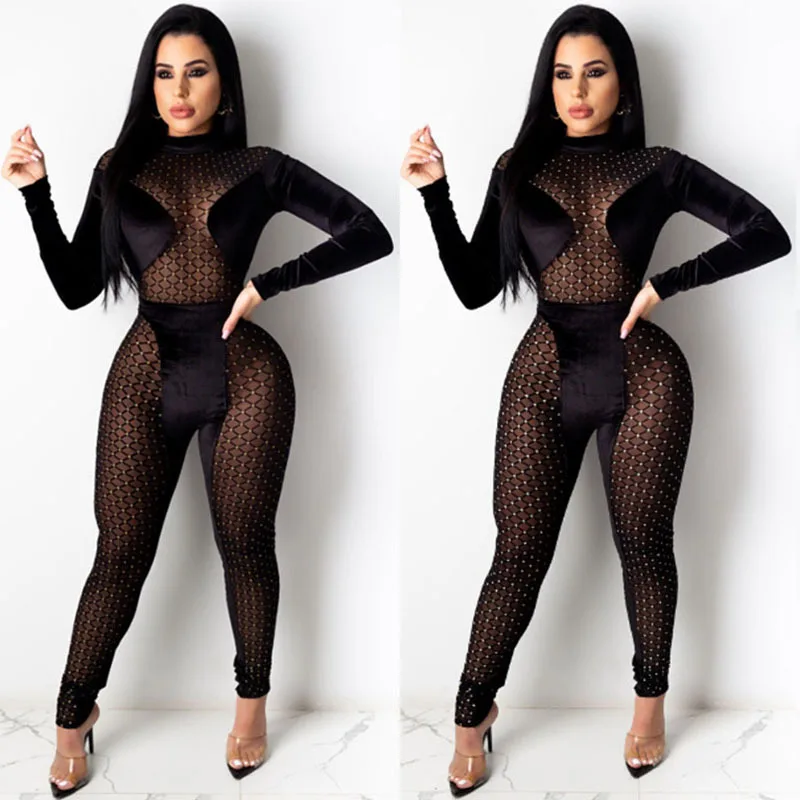 

Женские комбинезоны с длинным рукавом, облегающие комбинезоны в стиле пэчворк, с прозрачной сеткой, для ночного клуба, осень 2021