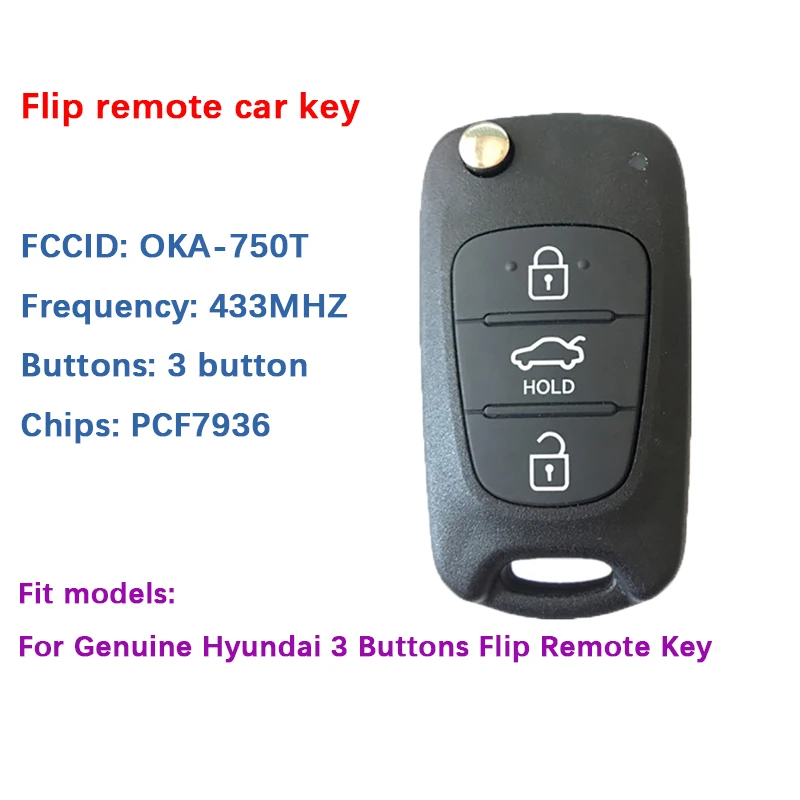 Genuine For Hyundai 3 Buttons Flip Remote Key 433mhz PCF7936 OKA-750T