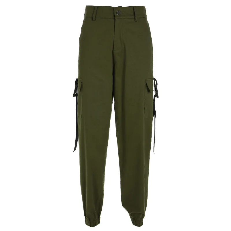 

2019 Women Overalls Cool Black High Waist Cargo Pocket Patchwork Loose Streetwear Pant Female Fashion Hip Hop Women Trouser
