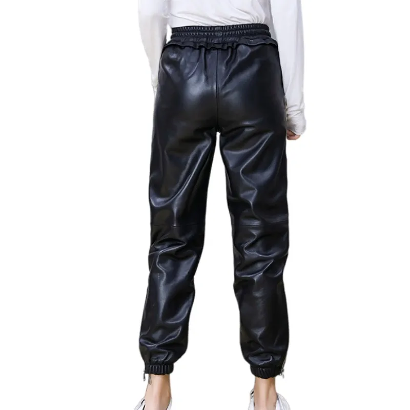 

Fashion Women Sheepskin Genuine Leather Harem Pants Ruffles Elastic Waist Side Striped Joggers Pants Casual Streetwear Trousers