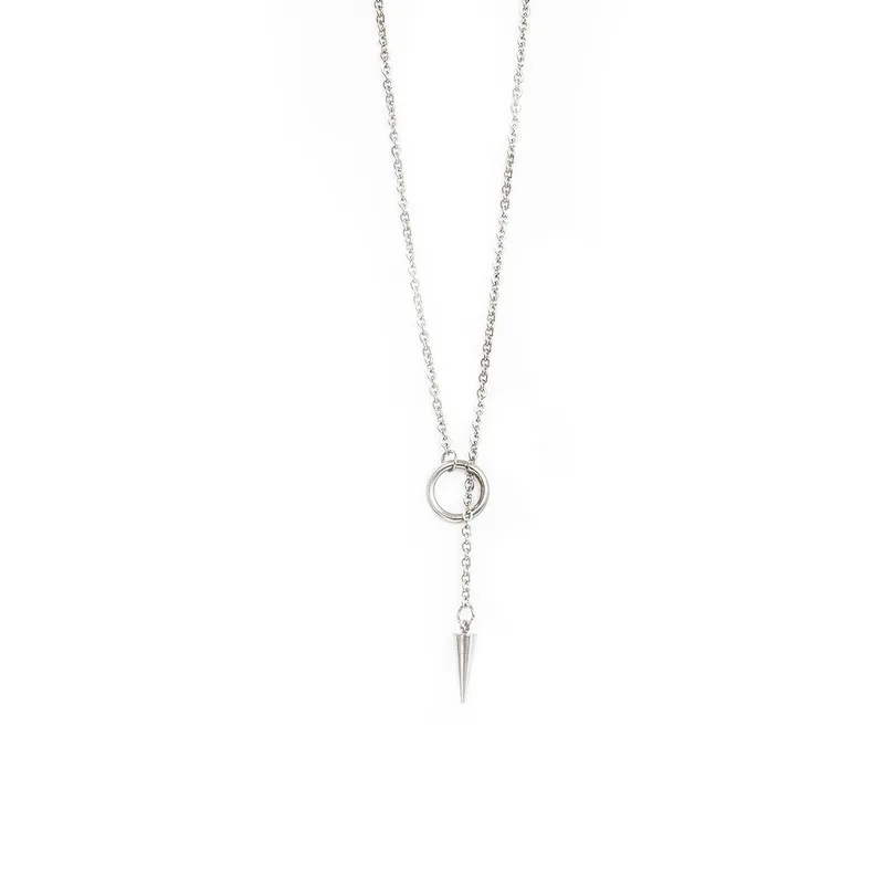 

Minimalist Silver color Linked Small Circle Necklaces for Women Titanium Steel Necklace Toggle Clasp Ring Cone Pendant Necklace