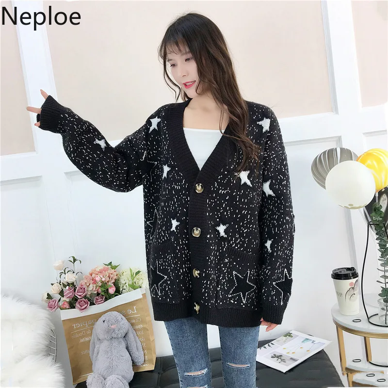 Neploe Корейская фея Свободный кардиган размера плюс пот звездное небо узор вязаный
