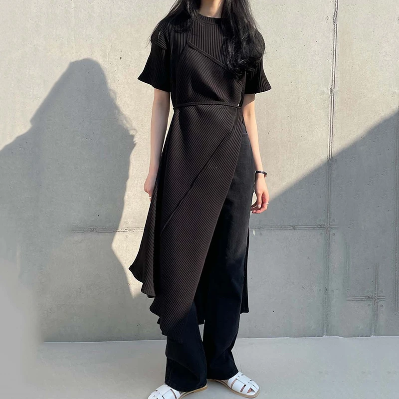 

Korejpaa Women Dress 2021 Summer Korean Chic Ladies Niche Design More Wear Round Neck Stitching Fake Two-Piece Split Vestidos