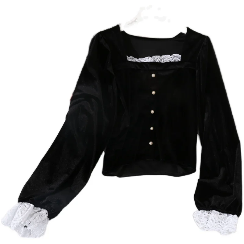 

2020 New Vintage velvet lace shirt with square collar and bubble sleeve