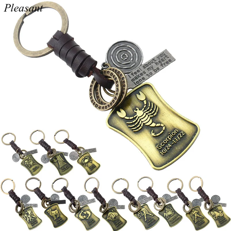 

Vintage Hand-woven 12 Constellation Cowhide Keychain Simple Couple Small Gift Car Bag Key Pendant