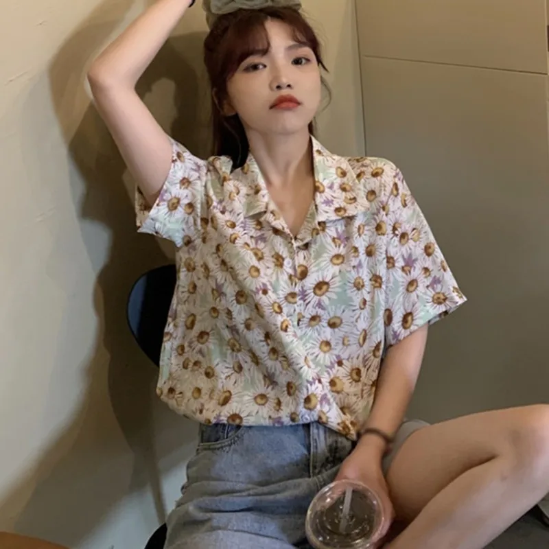 

New Women Summer Shirt Short Sleeve Floral Print Vintage Women Blouses Tops Turn-down Collar Button Female Girls Casual Top