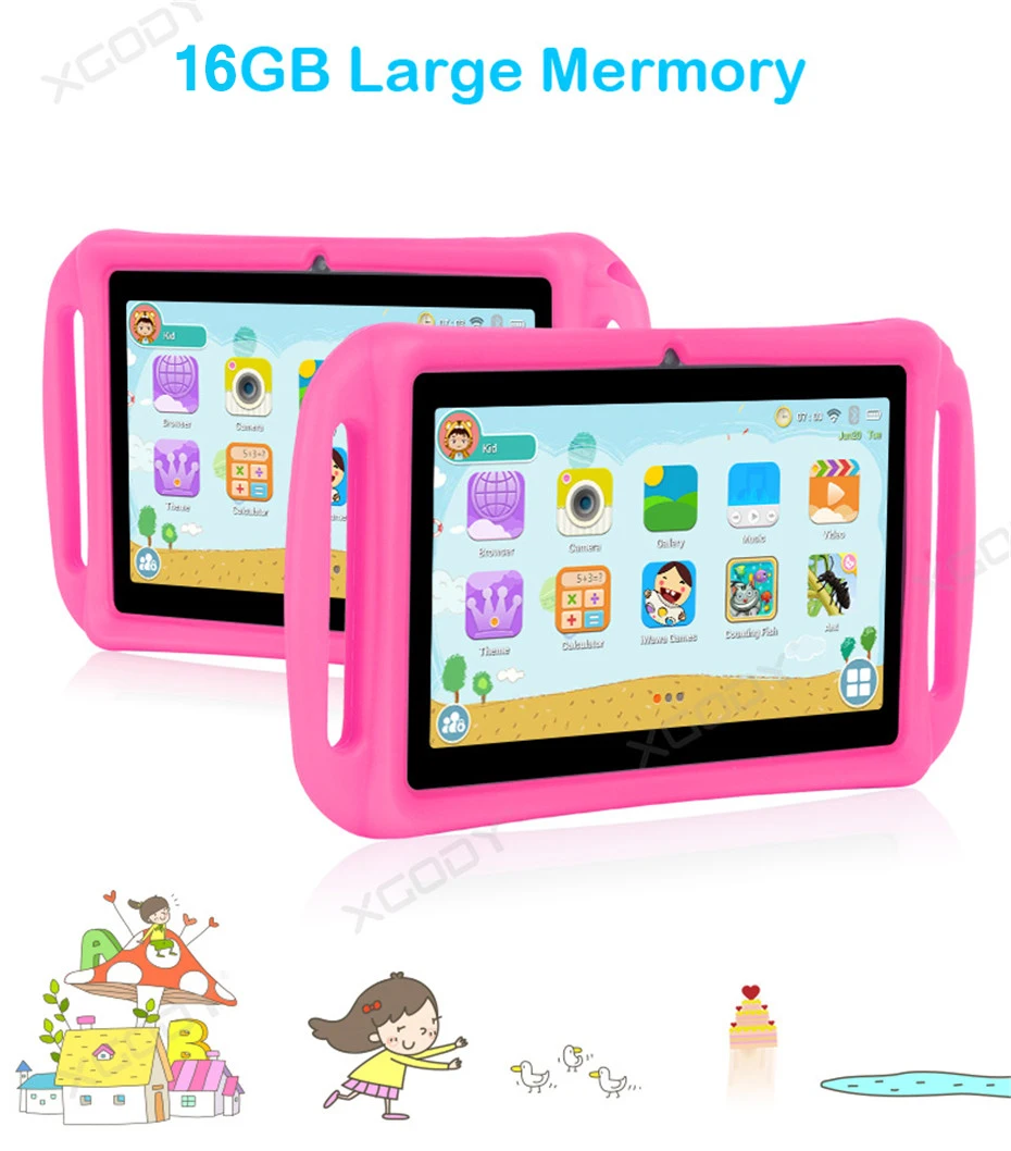 XGODY T702 7 дюймов Детские планшеты ПК Android 8,1 4 ядра 1 Гб оперативной памяти, 16 Гб встроенной памяти, HD двойной Камера Wi-Fi Портативный Планшеты для детей силиконовый чехол
