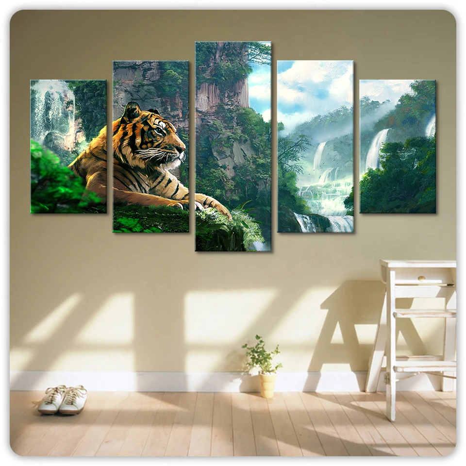 

Living Room HD Printed Poster Modern Wall Art Painting 5 Panel Tiger And Mountain Waterfall Home Decoration Pictures Framework