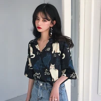 chinese letter cat printed casual loose turn down collar 2021 hot sale button line female women short sleeve holiday shirts