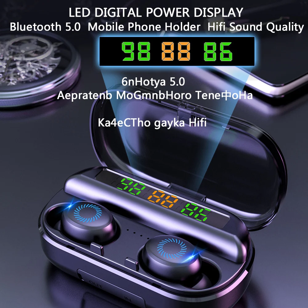 Bluetooth наушники Ottwn F10 с сенсорным управлением и зарядным футляром на 2000 мА · ч ЖК